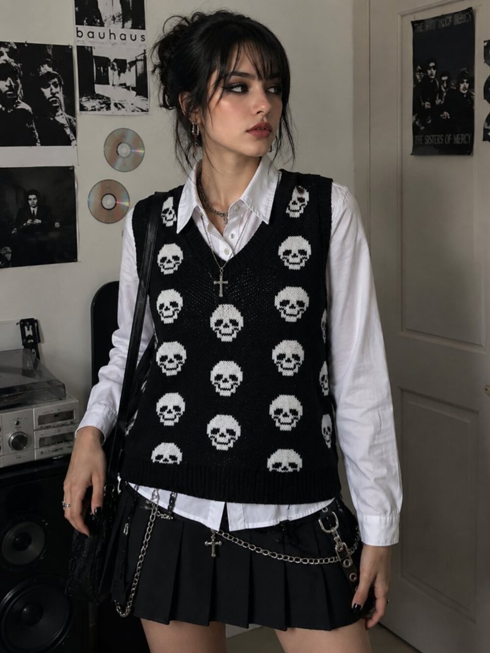 Black Skull Sweater Vest Goth Grunge Emo Punk Alt Y2K Skeleton Knit Whimsigoth